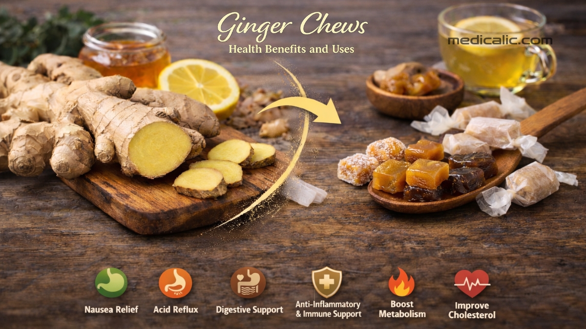 Fresh ginger root and sliced pieces beside ginger chews with tea, highlighting Ginger Chews health benefits.
