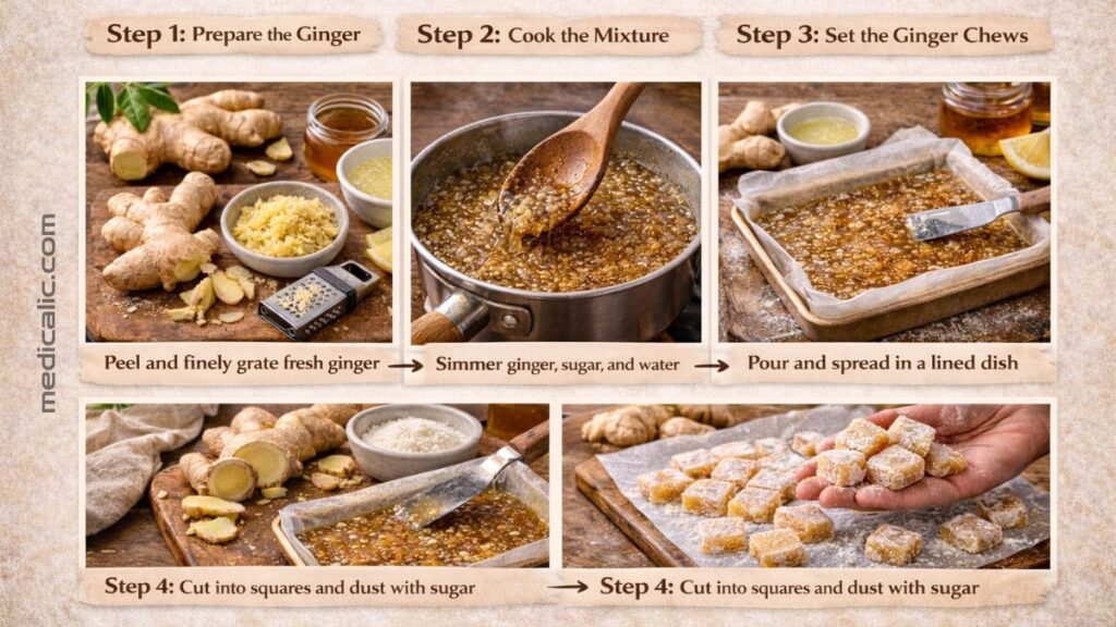 Homemade ginger chews recipe tutorial showing grated ginger, simmering mixture, setting in pan, and cutting chewy cubes.