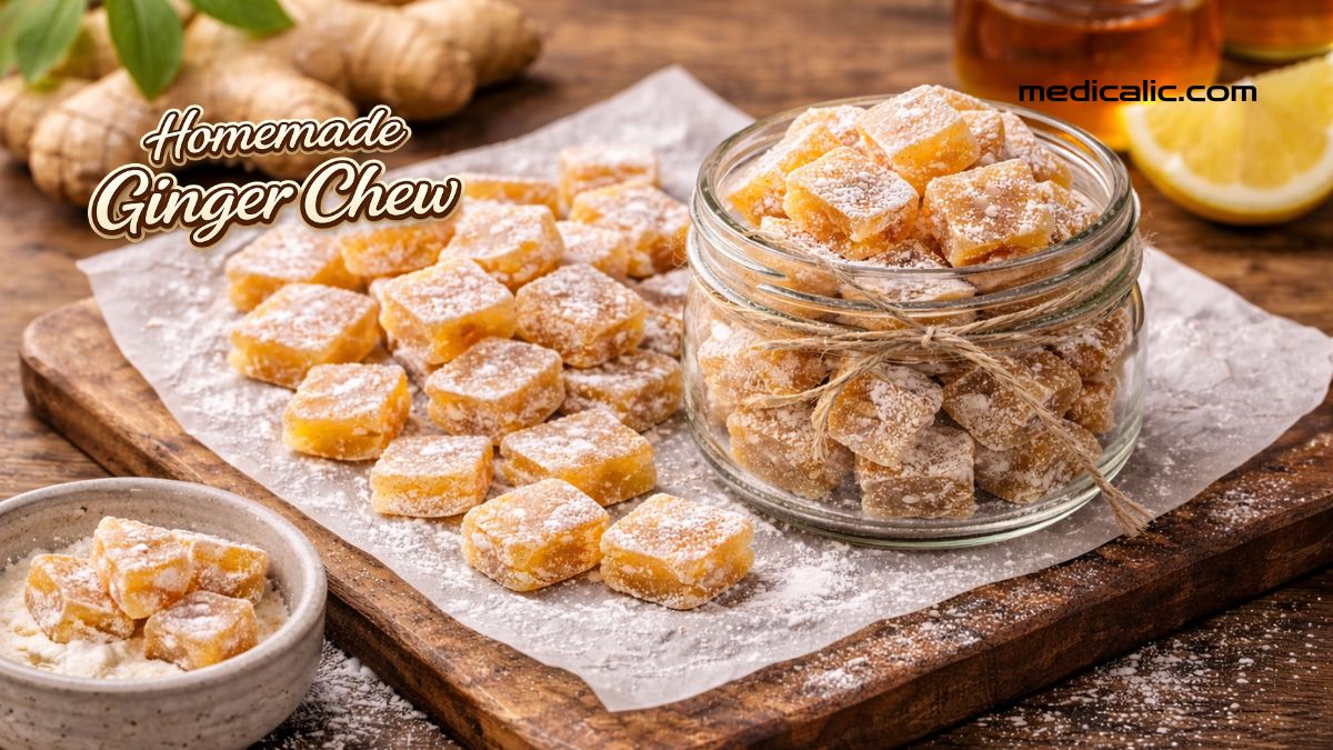 Homemade ginger chews dusted with sugar on a wooden board beside a jar, showing how to make ginger chews at home.