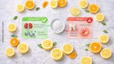 Health infographic with lemons illustrating pros and cons of citric acid for the question “is citric acid bad for you?”