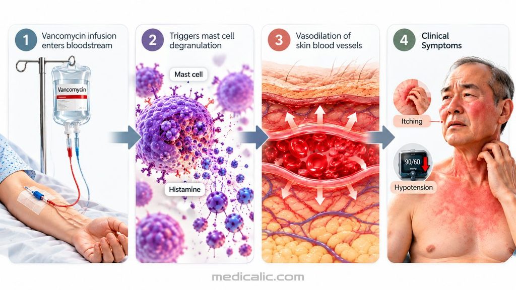 Medical infographic explaining Red Man Syndrome (Vancomycin Infusion Reaction) mechanism, including mast cell activation, histamine release, flushing, pruritus, and hypotension.