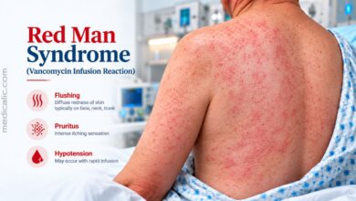 Red Man Syndrome (Vancomycin Infusion Reaction) showing diffuse skin redness, flushing, and maculopapular rash on the back and shoulder