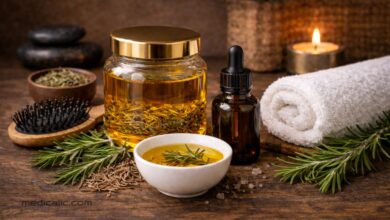 Homemade rosemary oil for hair with fresh herbs, amber dropper bottle, and spa-style setup on wood