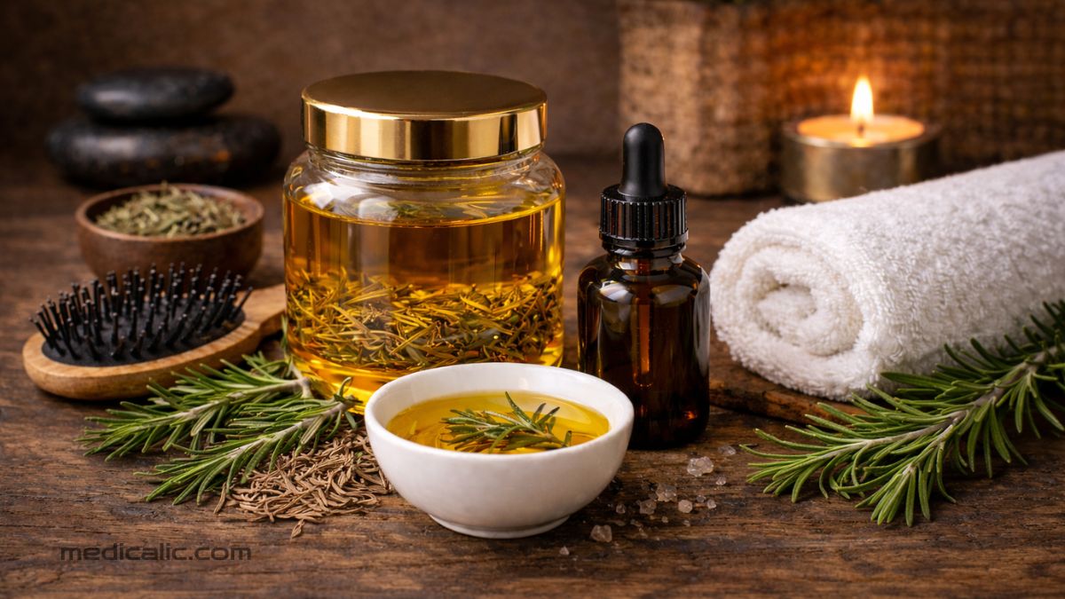 Homemade rosemary oil for hair with fresh herbs, amber dropper bottle, and spa-style setup on wood