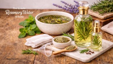 How to make rosemary water for hair with fresh herbs, showing infused liquid in a bowl and glass spray bottles