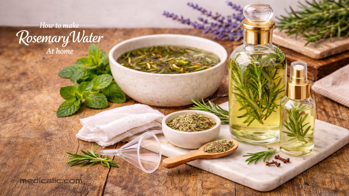 How to make rosemary water for hair with fresh herbs, showing infused liquid in a bowl and glass spray bottles