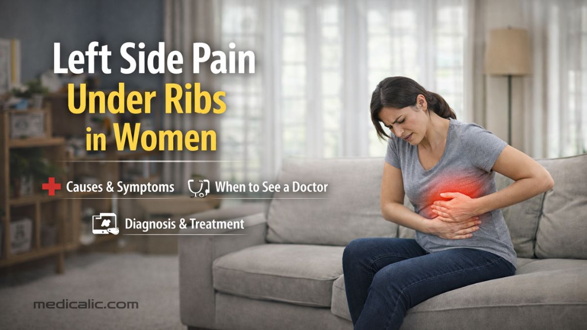 Woman clutching the left side of her abdomen while sitting on a couch, illustrating left side pain under the ribs in females
