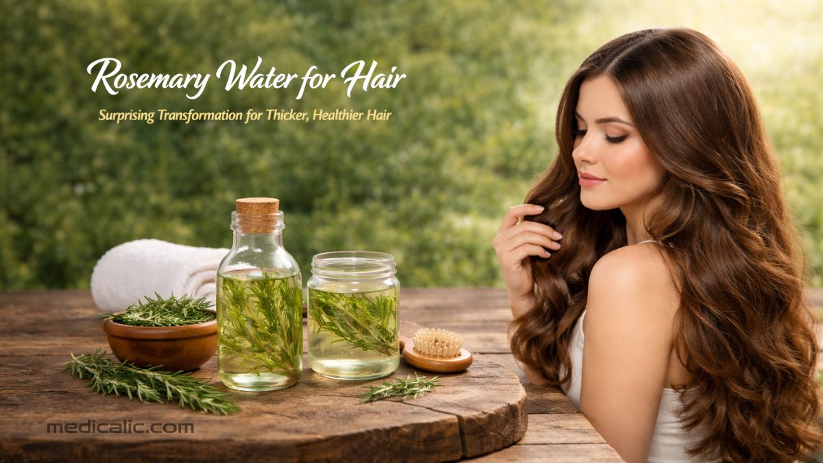 Rosemary water for hair in a clear bottle with fresh rosemary sprigs and a woman showing long, thick, healthy hair