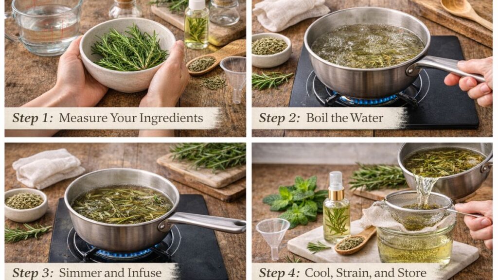 Step-by-step rosemary water recipe for hair showing measuring herbs, boiling, simmering, and straining infusion