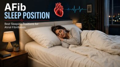 Person sleeping on their side for AFib sleep position with heart and ECG graphic