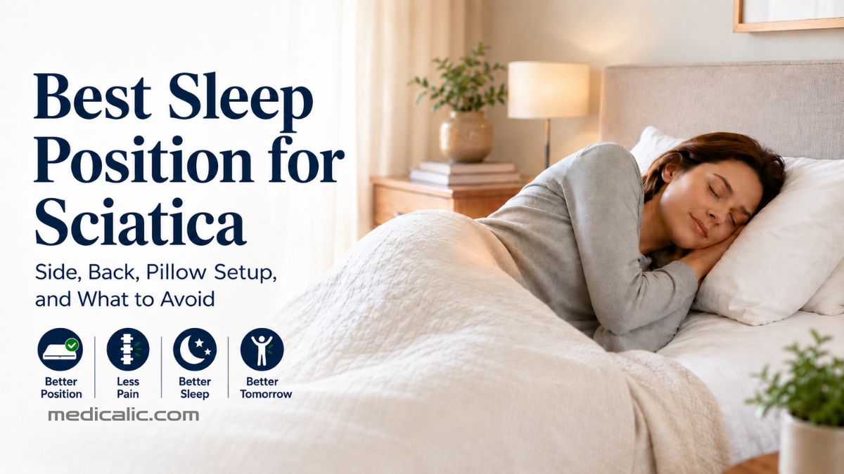 Woman sleeping on her side beside Best Sleep Position for Sciatica text and pillow setup icons