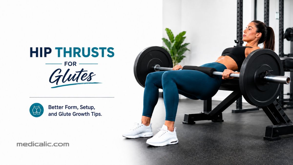 Hip thrusts for glutes exercise showing a woman doing barbell hip thrusts in a gym for glute strength and lower-body training.