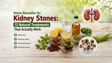 Home Remedies for Kidney Stones illustration showing natural remedies, hydration, and kidney health support.