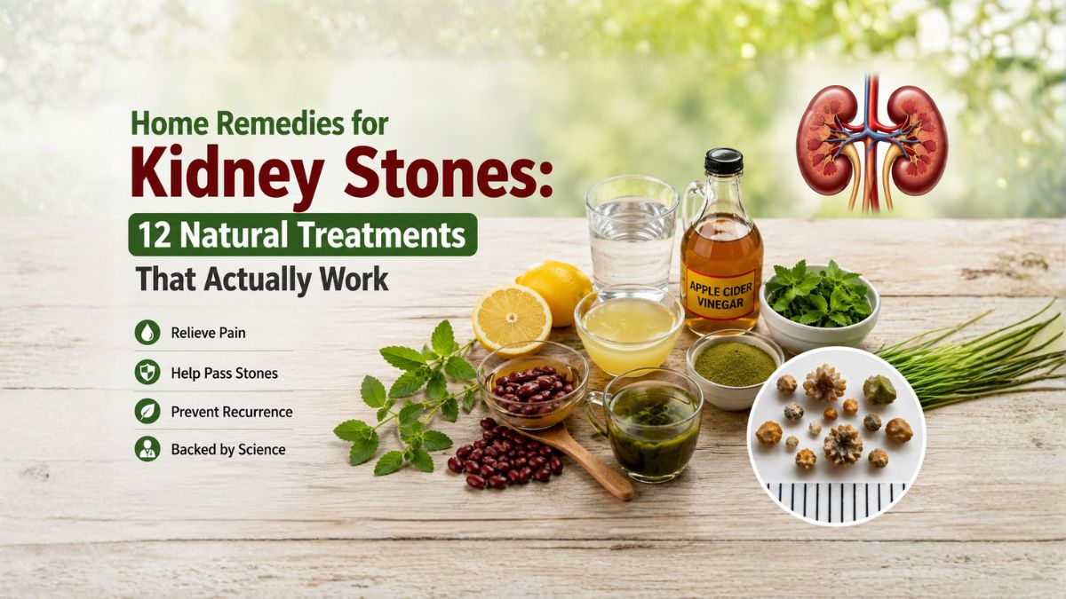 Home Remedies for Kidney Stones illustration showing natural remedies, hydration, and kidney health support.