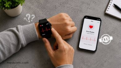 Person using a smartwatch ECG while a smartphone displays sinus rhythm results and heart tracing data.