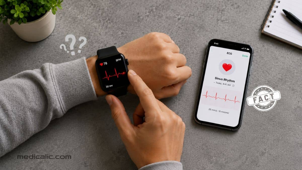 Person using a smartwatch ECG while a smartphone displays sinus rhythm results and heart tracing data.