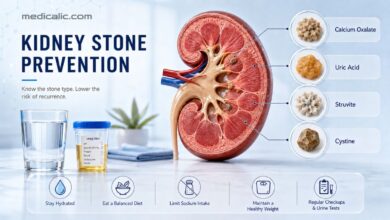 Kidney Stone Prevention guide with a kidney cross-section, stone types, hydration, and urine testing