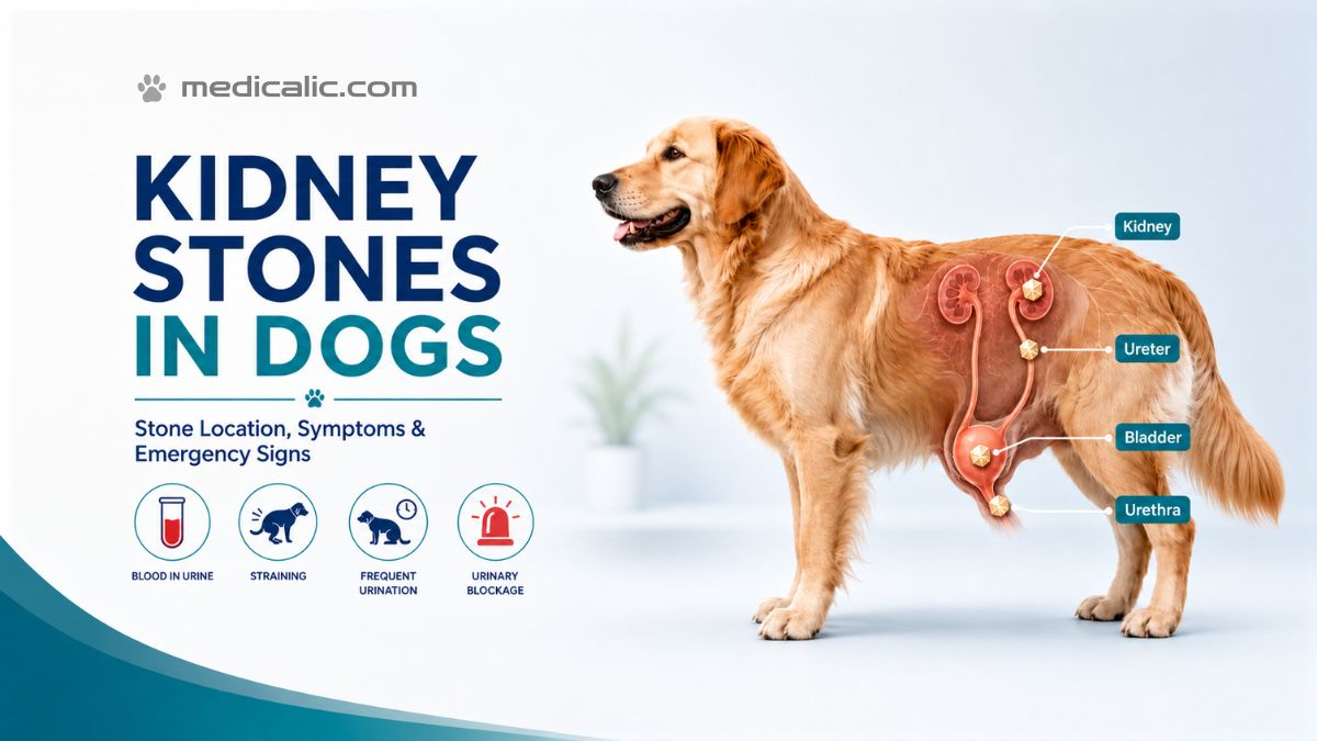 Kidney stones in dogs with urinary tract anatomy and common symptom icons