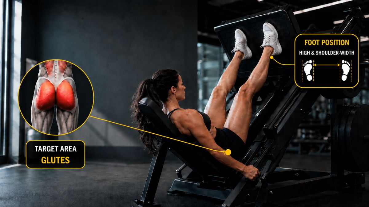 Person using a leg press machine with high foot placement for glute-focused lower-body training.
