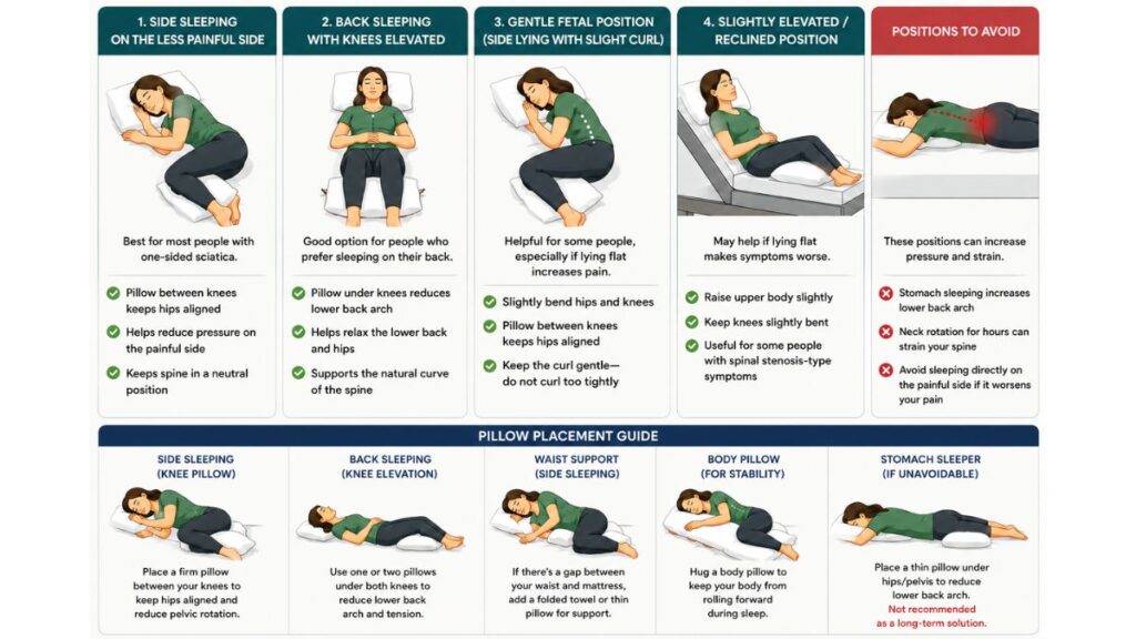 Infographic comparing Sleep Positions for Sciatica, pillow placement tips, and positions to avoid