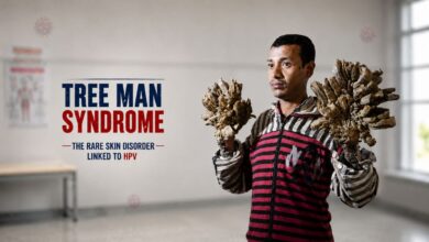 Tree Man Syndrome patient with severe bark-like hand growths linked to epidermodysplasia verruciformis and HPV susceptibility.