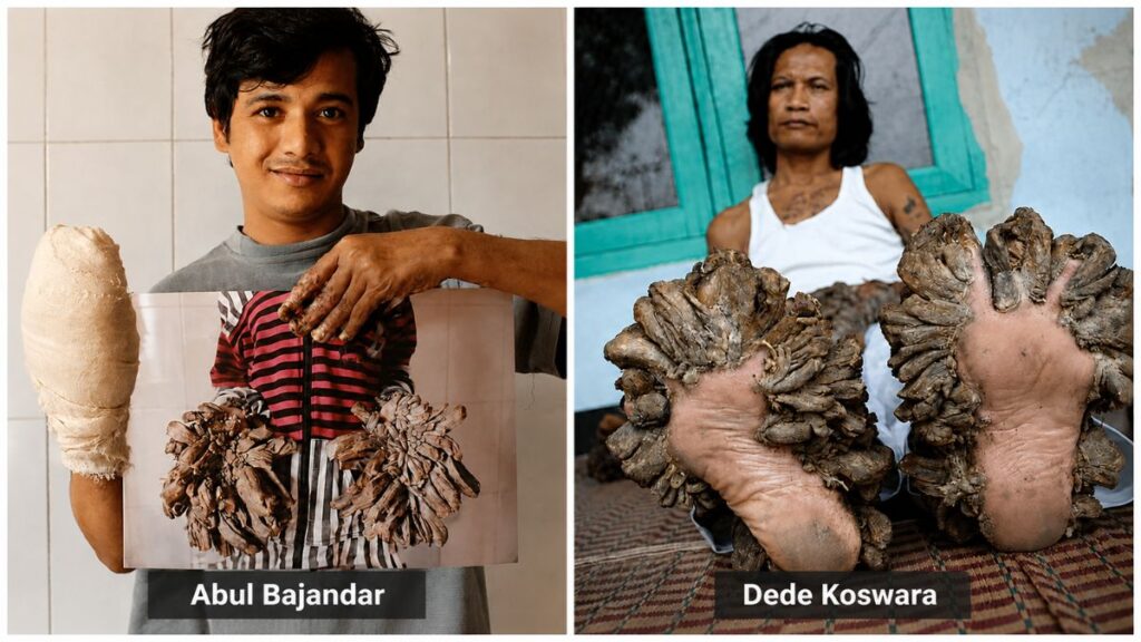 Tree Man Syndrome pictures showing severe bark-like growths on the hands and feet in reported cases.
