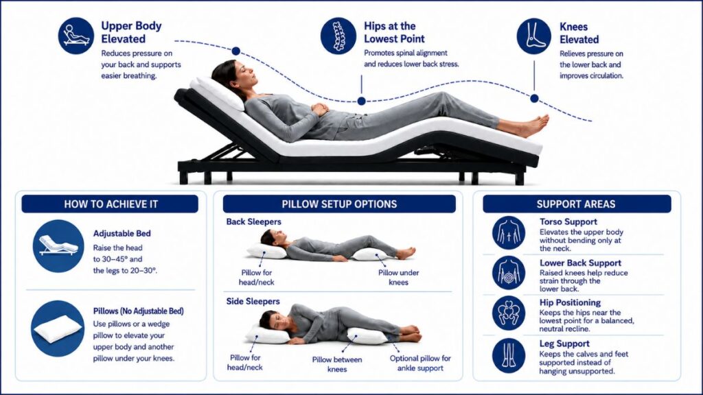 Zero gravity sleep position diagram showing upper body elevation, knee support, pillow setup options, and key support areas.