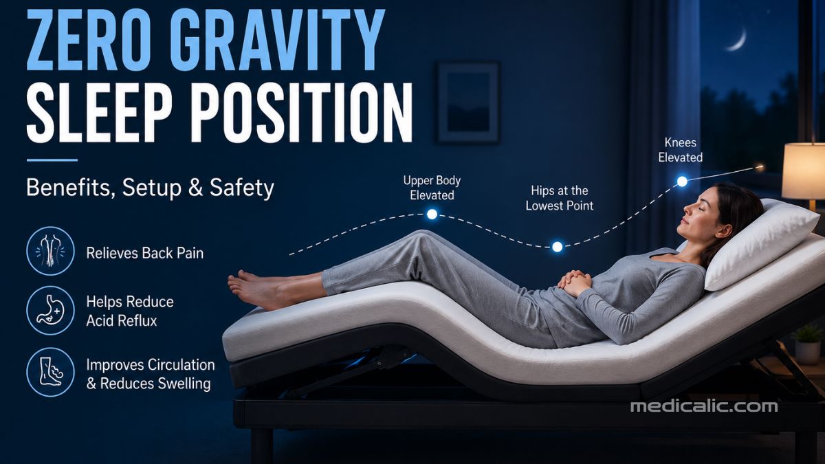 Woman reclines in a zero gravity sleep position on an adjustable bed with raised head and knees, with body elevation labels