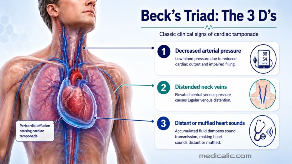 Beck’s triad infographic showing low blood pressure, distended neck veins, and muffled heart sounds in cardiac tamponade.