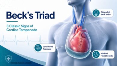 Medical illustration of Beck’s triad showing low blood pressure, distended neck veins, and muffled heart sounds associated with cardiac tamponade.