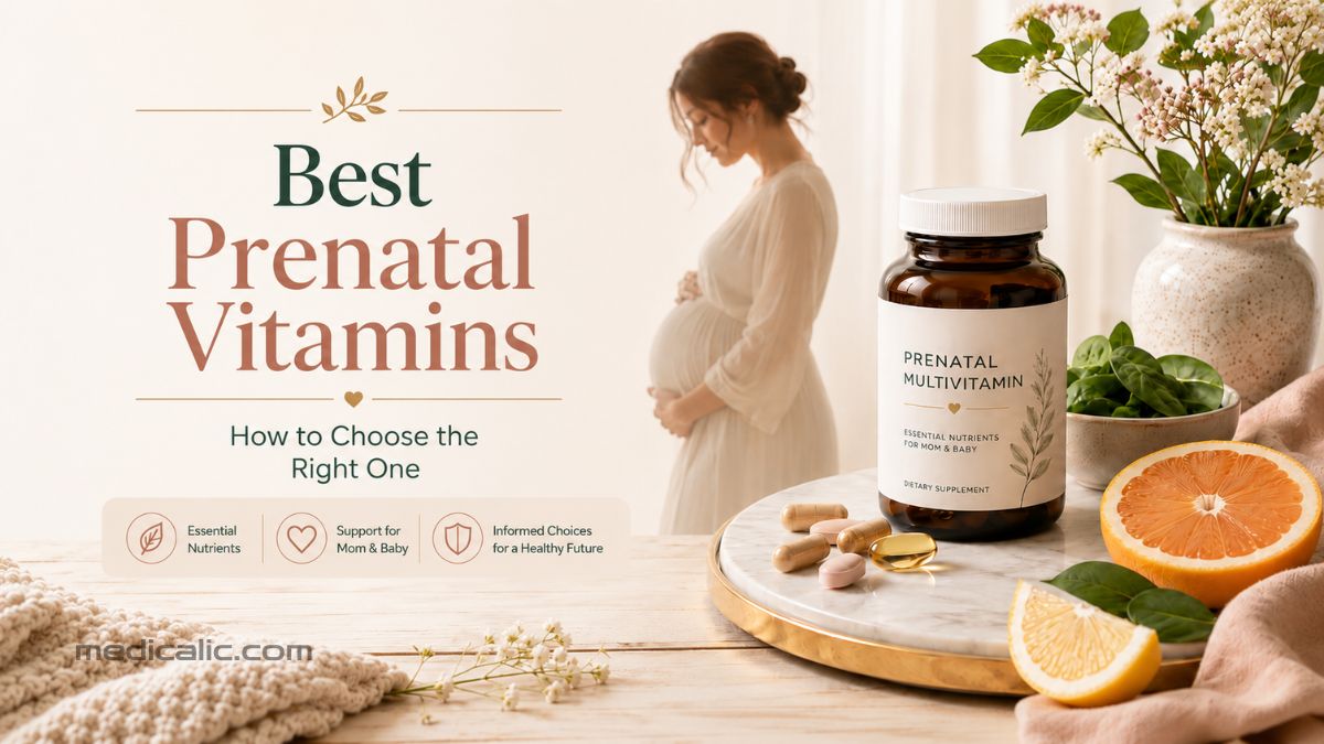 Prenatal vitamins and supplements displayed on a marble table with a pregnant woman in the background