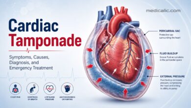 Medical illustration of cardiac tamponade showing pericardial fluid buildup compressing the heart.