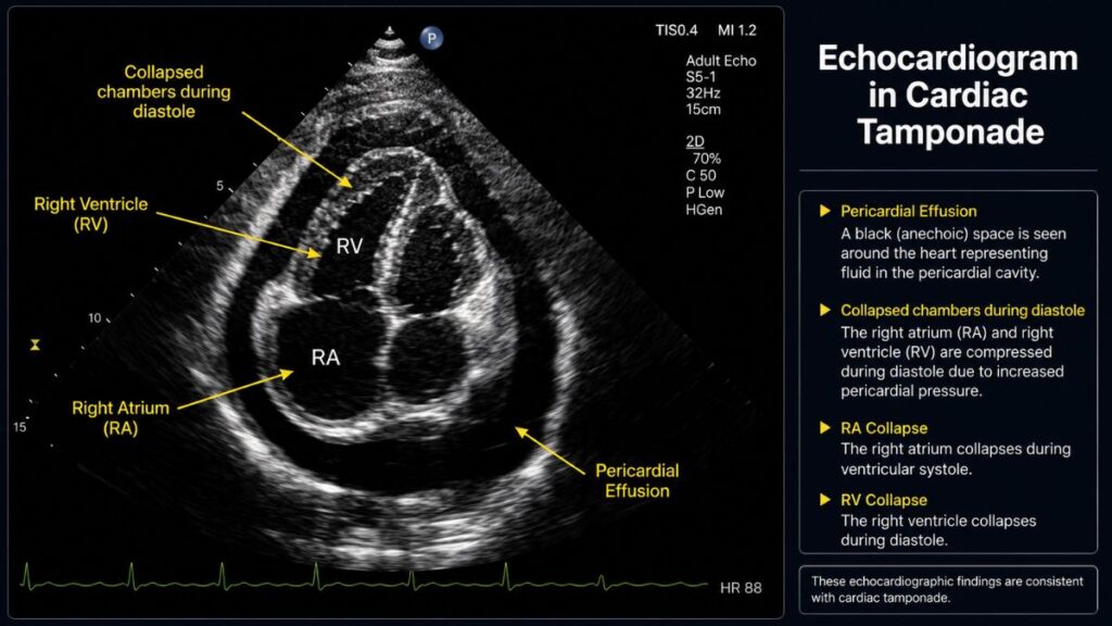 Educational echocardiographic illustration of cardiac tamponade showing pericardial effusion, right-atrial systolic collapse, and right-ventricular early diastolic collapse.