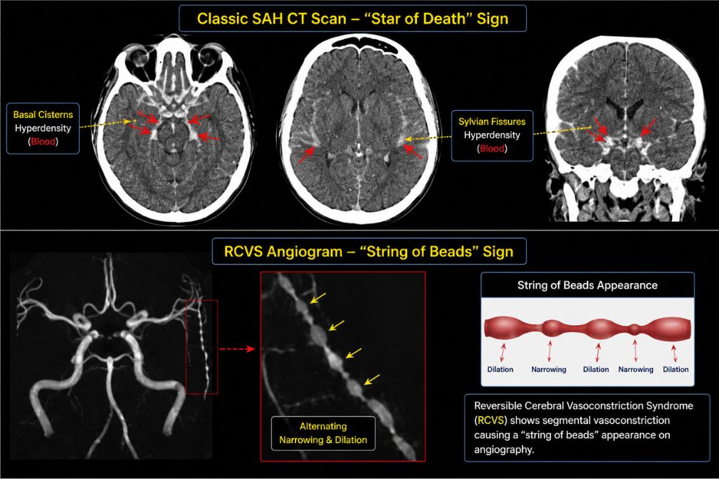 CT scan showing classic Star of Death sign in Subarachnoid Hemorrhage and angiogram showing String of Beads sign in RCVS, the two primary causes of thunderclap headache.