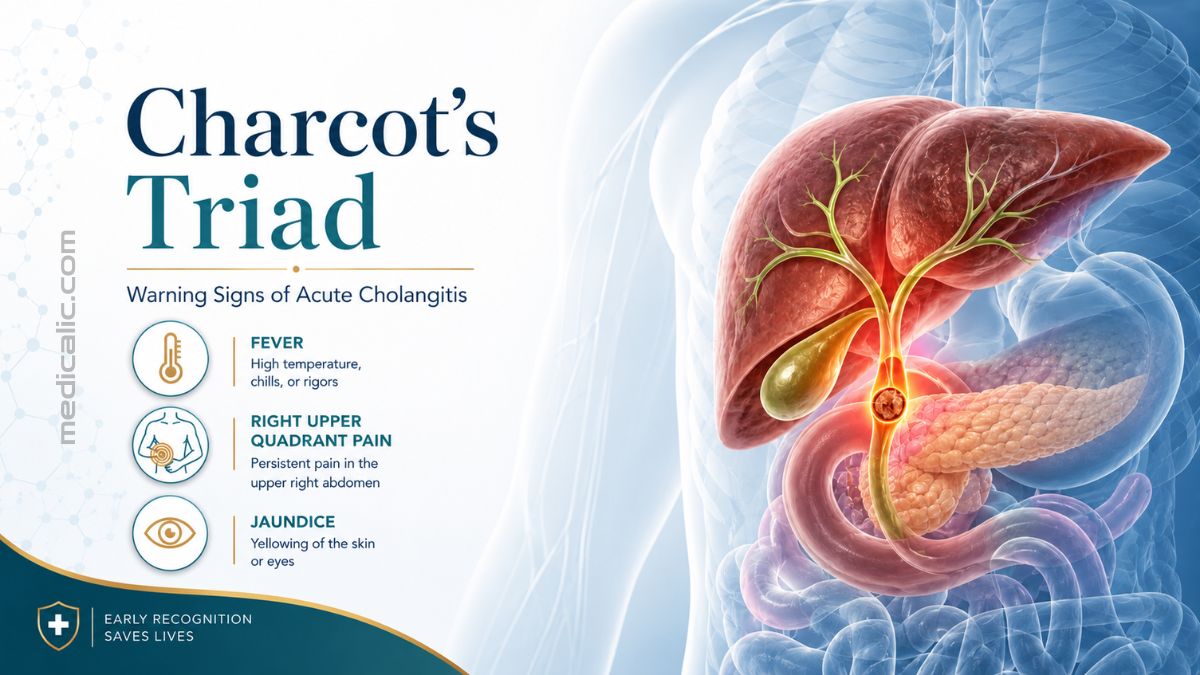 Charcot’s triad diagram showing fever, right upper quadrant pain, and jaundice as warning signs of acute cholangitis