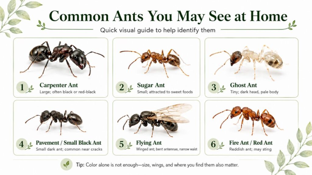 Infographic showing how to identify 6 common house ants: carpenter, sugar, ghost, pavement, flying, and fire ants.