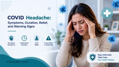 A woman pressing her temples in pain due to a COVID-19 headache, with infographic elements showing symptoms, duration, relief, and warning signs.