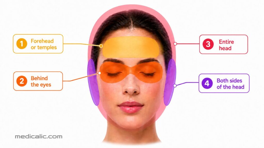 Illustration of a human face showing four common COVID-19 headache locations: forehead or temples, behind the eyes, the entire head, and both sides of the head.