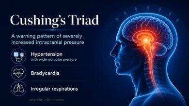 Cushing’s triad showing three warning signs of increased intracranial pressure: hypertension, bradycardia, and irregular breathing.