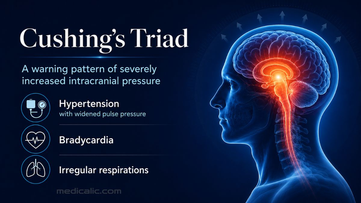 Cushing’s triad showing three warning signs of increased intracranial pressure: hypertension, bradycardia, and irregular breathing.