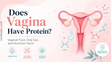 Medical illustration of female reproductive anatomy with protein molecule icons for an article about vaginal fluid, protein, and women’s health.