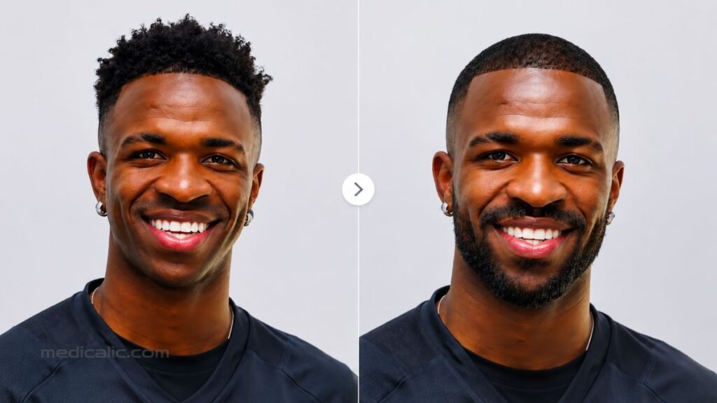 Face harmonization before and after photos showing facial transformation and contour analysis
