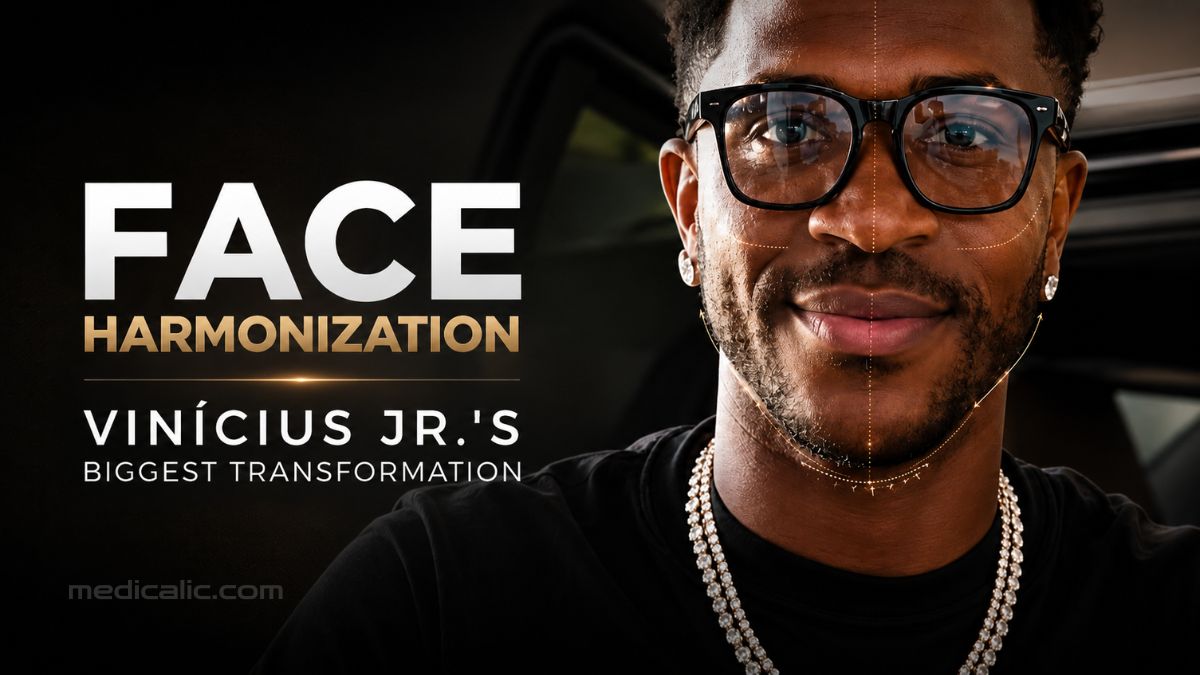 Face harmonization concept featuring Vinícius Jr.'s facial transformation with facial contour analysis lines