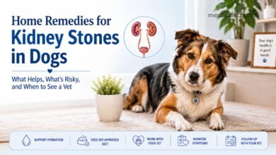 Dog with kidney stone care guide showing hydration, vet-approved diet, and follow-up tips