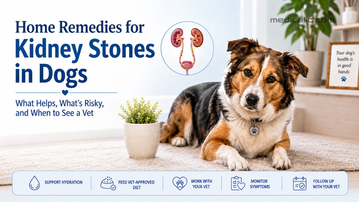 Dog with kidney stone care guide showing hydration, vet-approved diet, and follow-up tips