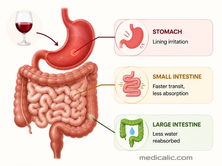 Infographic showing how alcohol affects digestion and causes diarrhea by irritating the stomach and intestines