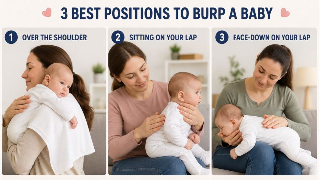 A diagram showing the 3 best positions to burp a baby: holding the baby over the shoulder, sitting upright on the lap, and laying face-down across the lap.