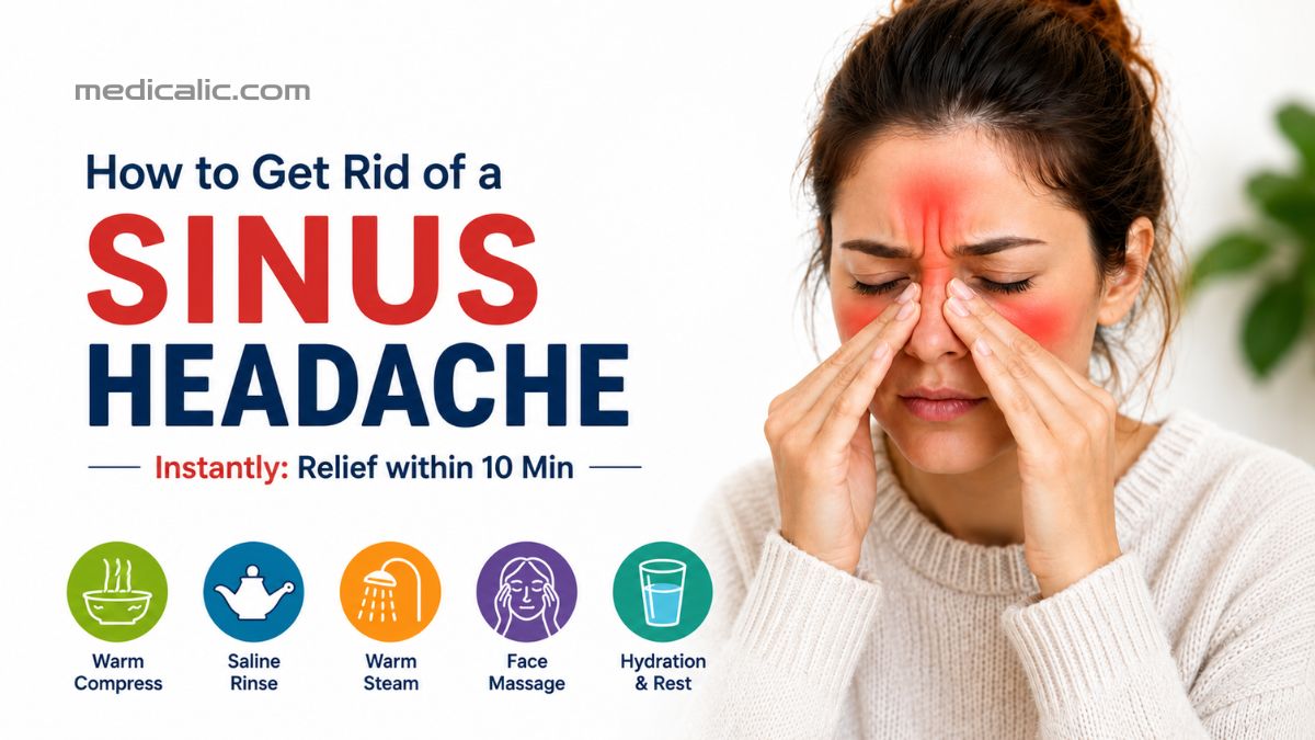 How to get rid of a sinus headache quickly with simple home remedies including warm compress, saline rinse, steam, hydration, and gentle sinus massage.