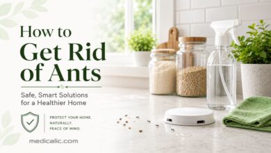 Ant bait station and spray bottle on a bright kitchen counter with trailing ants, illustrating safe ways to get rid of ants at home.