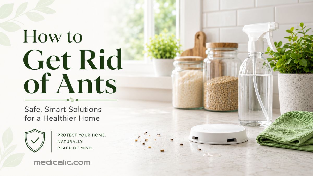 Ant bait station and spray bottle on a bright kitchen counter with trailing ants, illustrating safe ways to get rid of ants at home.